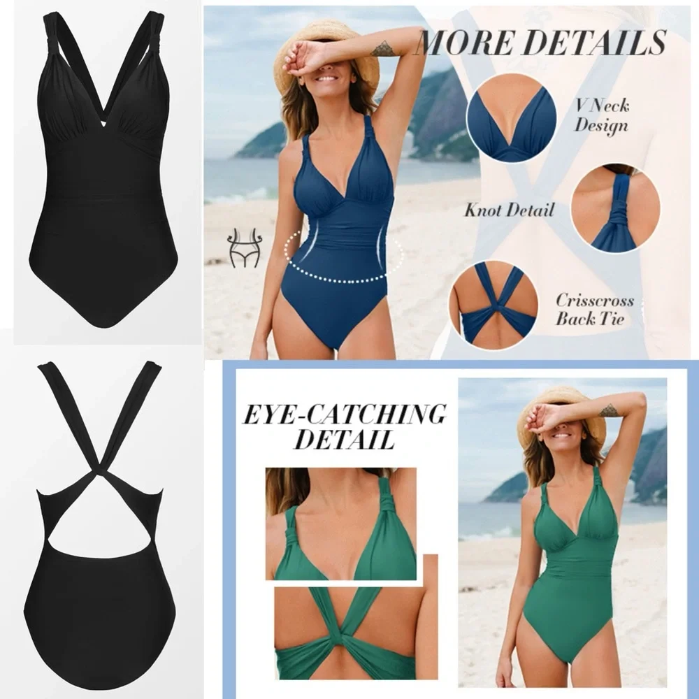 One Piece Swimsuit Deep V Neck Tummy Control Ruched V Back Classic‎ Bathing Suit - Picture 4 of 16
